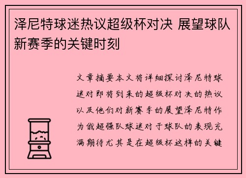 泽尼特球迷热议超级杯对决 展望球队新赛季的关键时刻