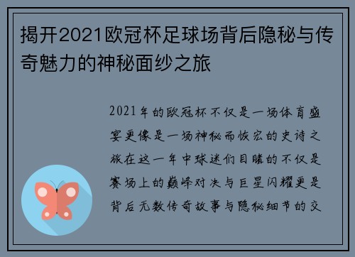 揭开2021欧冠杯足球场背后隐秘与传奇魅力的神秘面纱之旅