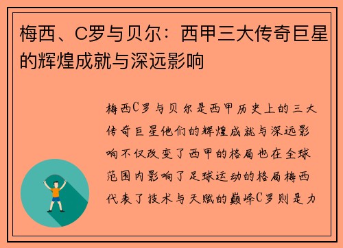 梅西、C罗与贝尔：西甲三大传奇巨星的辉煌成就与深远影响