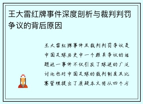 王大雷红牌事件深度剖析与裁判判罚争议的背后原因